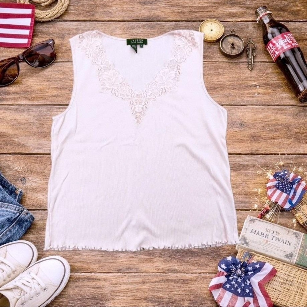 Lauren Ralph Lauren Wms Tank Top 2X Pink Lace Trim Ribbed Cotton Coquette Soft